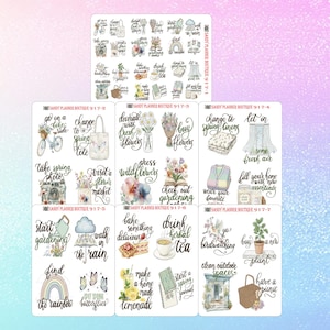 May include: A collection of planner stickers with spring-themed illustrations and text. The stickers feature images of flowers, gardening tools, and phrases like "take spring photos" and "have a picnic."