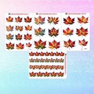May include: Four sticker sheets featuring autumn maple leaves in shades of red, orange, yellow, and green. Each sheet includes the text Sandy Planner Boutique followed by a unique identification number ranging from 1075-1 to 1075-4.
