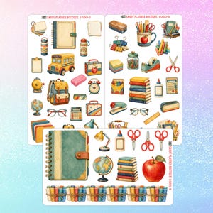 May include: Three sticker sheets labeled Sandy Planner Boutique 1050-1, 1050-2, and 1050-3 featuring watercolor illustrations of school supplies including notebooks, a yellow school bus, backpacks, globes, books, scissors, glue, and a red apple.