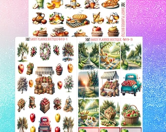 May include: Two sheets of planner stickers featuring watercolor illustrations of apples, apple pies, and apple-themed scenes. The stickers include images of apple trees, market stalls, and a vintage truck filled with apples.