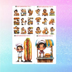 May include: Four sticker sheets featuring cartoon chefs and food items like hot dogs and burgers. The sheets are labeled "SANDY PLANNER BOUTIQUE 799-1", "SANDY PLANNER BOUTIQUE 799-2", "SANDY PLANNER BOUTIQUE 799-3", and "SANDY PLANNER BOUTIQUE 799-4".