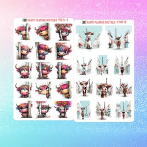 May include: Two sticker sheets featuring cartoon Highland cows. One sheet has cows peeking from behind trees with colorful hair. The other sheet has cows in Paris with the Eiffel Tower. Text on the sheets reads "SANDY PLANNER BOUTIQUE 738-1" and "SANDY PLANNER BOUTIQUE 738-2".