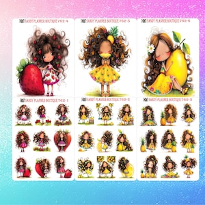 May include: A collection of planner stickers featuring whimsical illustrations of girls with fruit-themed hair and dresses. The stickers include images of strawberries, pineapples, and lemons. The text "SANDY PLANNER BOUTIQUE" is visible on each sticker sheet.