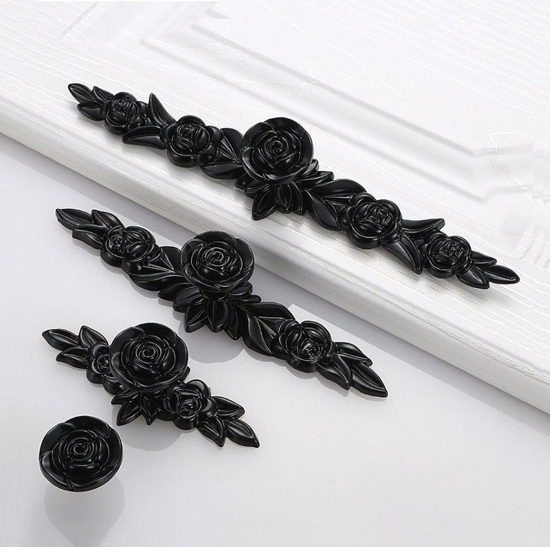Black Rose Knobs Flower Pulls Handles, Unique Cabinet Knobs Black