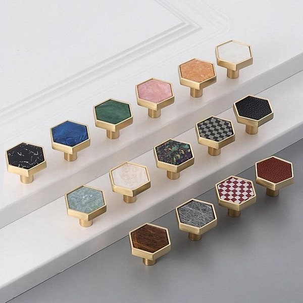 Hexagon Colorful Knobs Handles Brushed Brass Knobs Cabinet Knobs Pulls Dresser Knobs for Modern Furniture Hardware Handles Knob