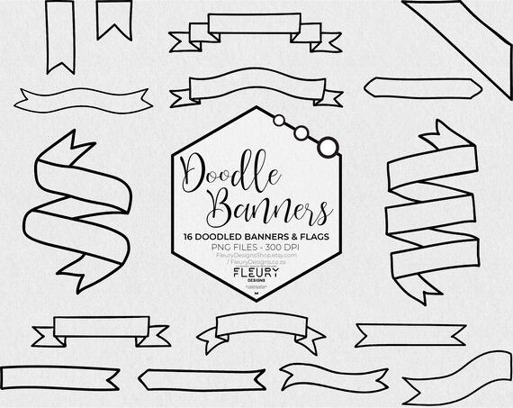Doodled Banners And Flags Clipart Doodle Clipart Banners Etsy