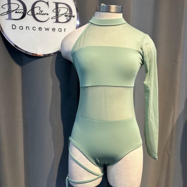 Gabriela Leotard. One shoulder, mesh long sleeve leotard with attached leg wrap band. Contemporary/lyrical dance leotard.