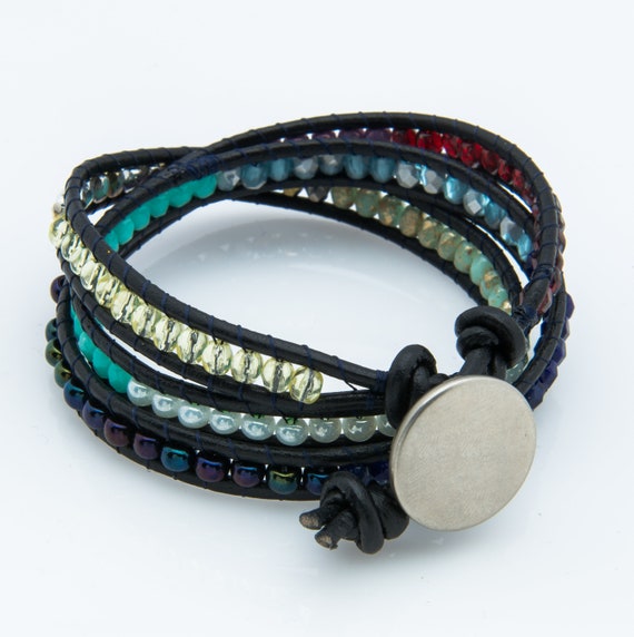 Glass bead leather wrap bracelet | Etsy