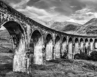 Glenfinnan Viaduct - Black and White, Scotland, UK, Landscape, Railway, Architecture, Scottish Scenery, Noir, Fine Art Photography