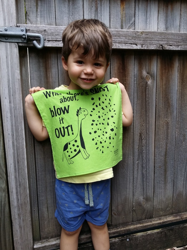 Hanky Dinosaur. Kids Adults. Screen-printed, handmade in Australia. Zero waste, vegan & cruelty free handkerchief. image 1