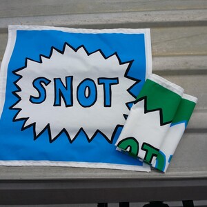May include: Two fabric banners with a white background and black outlines. The top banner is blue with the word "SNOT" in large blue letters. The bottom banner is white with green and blue text that says "NOT".