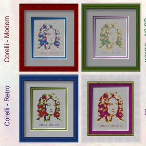 May include: Four framed images of a portrait of a man with long curly hair. The frames are in different colors: red, green, blue, and purple. The images are in different color schemes: blue, green, red, and purple.
