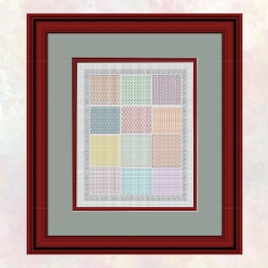 Op de afbeelding: Een ingelijst kunstwerk met een witte achtergrond en negen verschillende gepatroneerde vierkanten in verschillende kleuren, waaronder groen, paars, blauw, rood, oranje, geel en roze.