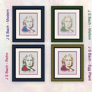 Op de afbeelding: Vier ingelijste digitale kunstprints van Johann Sebastian Bach, elk met een ander kleurenschema. De kleurenschema's zijn modern, retro, zacht en aubergine.