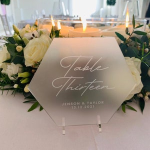 Frosted Acrylic Personalised Wedding Table Numbers, Engraved Table Names, Wedding Décor, Event Décor, Hexagon Banqueting Table Numbers