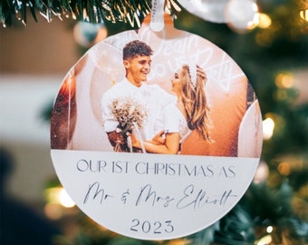 First Christmas As Mr & Mrs Personalised Photo Bauble, Wedding Keepsake Baubles, Wedded Couples, Married, Mr and Mrs Christmas Decoration