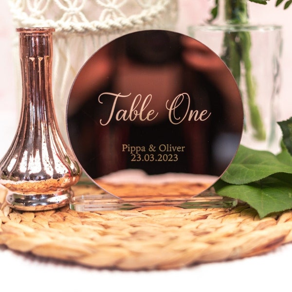 Rose Gold Personalised Wedding Table Numbers, Mirror Acrylic  Table Names, Luxury Engraved Wedding Table Décor, Elegant Event Décor