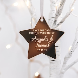 Save The Date Wedding Hanging Tag, Festive Personalised Save Our Date, Bespoke Wedding Stationary, Christmas Star Keepsake Gifts