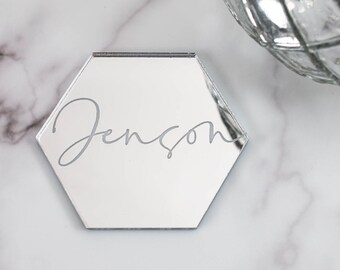 Mirror Hexagon Place Card, Wedding Guest Seating Cards, Silver Mirror Table Names, Gold Mirror Name, Rose Gold Mirror, Party Place Names