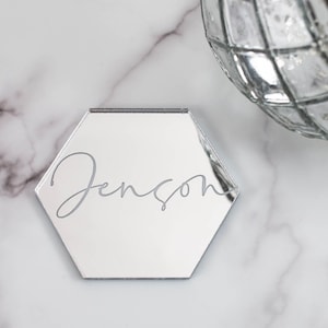 Mirror Hexagon Place Card, Wedding Guest Seating Cards, Silver Mirror Table Names, Gold Mirror Name, Rose Gold Mirror, Party Place Names