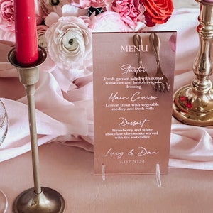 Rose Gold Mirror Engraved Wedding Menu, Luxury Event Décor, DL Standing Menus, Gold, Silver Banqueting Menu, Wedding Table Centrepiece