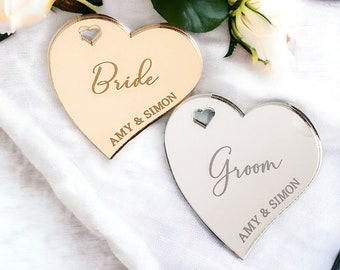 Heart Engraved Personalised Wedding Place Names, Wedding Décor, Guest Name Places, Gold, Silver, Rose Gold Seating Place, Luxury Place Cards