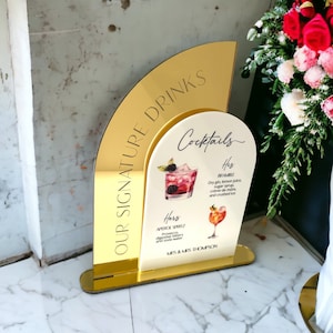 Carte de cocktail de mariage de luxe, enseigne de boissons personnalisées, menu de bar, plaque de cocktails signature, décoration de mariage or, argent, or rose
