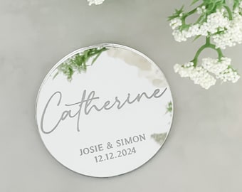 Wedding Personalised Place Setting, Engraved Place Name, Circle Table Name Places, Luxury Place Card, Rose Gold, Silver, Gold Mirror