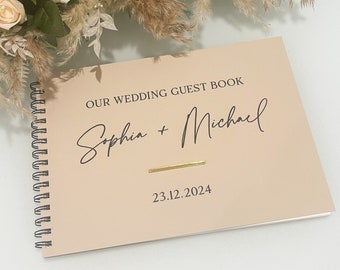 Luxury Wedding Guest Book, Beige & Gold, Personalised Spiral Bound Wedding Guestbook, Quality UV Printed Stationary, Photo Album, A5, A4, A3