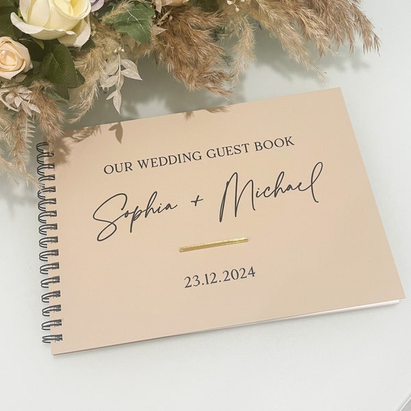 Luxus-Hochzeitsgästebuch, Beige & Gold, personalisiertes spiralgebundenes Hochzeitsgästebuch, hochwertiges UV-gedrucktes Briefpapier, Fotoalbum, A5, A4, A3