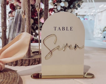 Dome Top Wedding Table Numbers With Mirror Accents, 3D Modern Table Names With Stand, Gold Acrylic, Luxury Wedding Décor, Event Table Sign