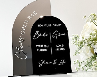 Open Bar Personalised Wedding Sign, Engraved Venue Signs, Drinks Menu Sign, Bride & Groom Cocktail Menu, Bar Signs, Black and White Décor