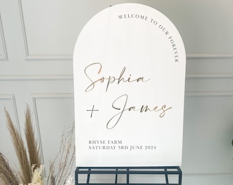 Wedding Welcome Sign, Dome Top Personalised Luxury Wedding Ceremony Décor, A1, A0 Custom Signs, White With Gold Mirror Accents Venue Signage