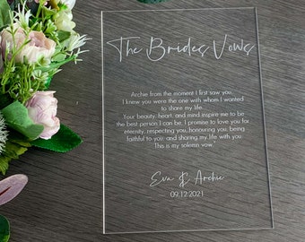 Wedding Vows Personalised Sign, Bride, Groom Vows, Acrylic Engraved His, Her, Our Vows A3, A4, A5 Wedding Keepsake, Mementos, Couples Vows