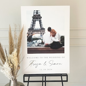 Letrero de bienvenida para boda con foto, placa de bienvenida con retrato de pareja, imprimible, personalizado con imagen, foto de recuerdo (tamaño A0, A1 y A2)