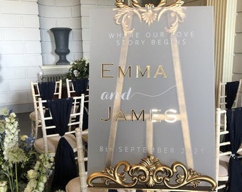 Frosted Acrylic Welcome Sign with Mirror Names, Wedding Welcome Signs, Venue Sign, Luxury Wedding Décor Silver, Gold Or Rose Gold Mirror, A0