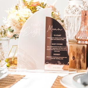 Wedding Menu & Table Number Combined Sign, Personalised Luxury Wedding Décor, Centrepiece, Engraved Gold Mirror, Elegant Event Menus, Signs