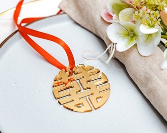 Chinese Double Happiness Wedding Favours, Ornate Table Décor, Chinese Marriage Symbol, Laser Cut Gold Mirror Hanging Tag, Guest Keepsakes