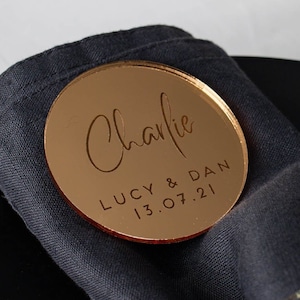 Gold Mirror Personalised Place Setting, Wedding Place Name, Engraved Circle Table Place Names, Laser Engraved Place Card, Rose Gold, Silver