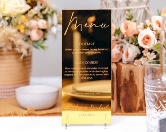 Gold Mirror Wedding Menu, Personalised Wedding Breakfast Menu, Luxury Event Menus, Elegant Table Centrepiece, DL Standing, Banqueting Menus