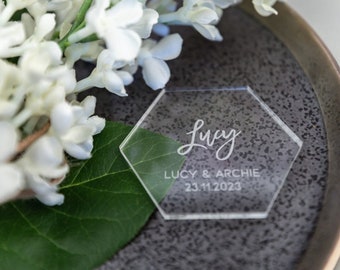 Hexagon Place Name With Wedding Name And Date Engraved, Clear Place Name, Personalised Name Setting, Wedding Place Name, Table Décor