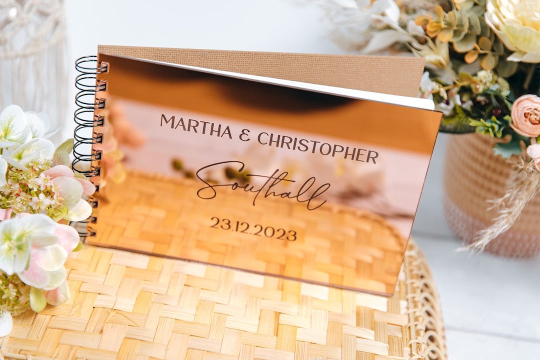 Rose Gold Mirror Personalised Wedding Guest Book, Luxury Spiral Bound