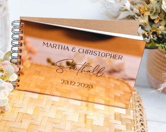 Rose Gold Mirror Personalised Wedding Guest Book, Luxury Spiral Bound Wedding Guestbook, Silver, Gold Engraved Wedding Stationary