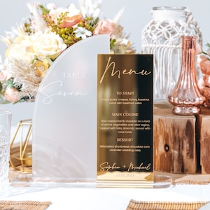 Combined Wedding Menu & Table Number, Personalised Luxury Wedding Décor, Centrepiece, Engraved Gold Mirror, Elegant Event Menus, Signs