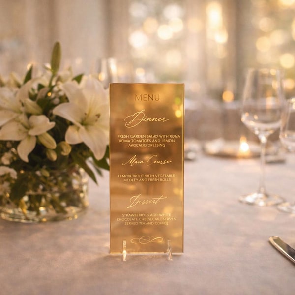 Mirror Menu, Wedding | Gold Mirror Finish | Acrylic | Custom Sizes | Bespoke Engraved