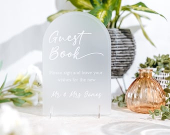 Guest Book Personalised Wedding Sign, Frosted Acrylic Wedding Décor, Engraved Guestbook Plaque, Dome Top Luxury Wedding Table Signs