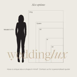 The image is a size chart for wedding photography, showing different sizes of a model, from 5'5" to A2.