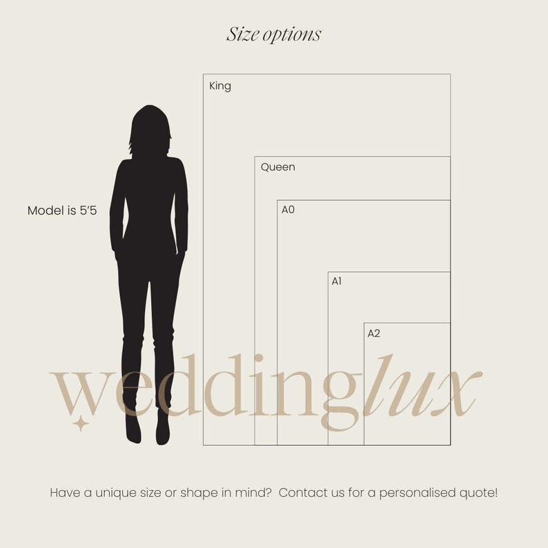 The image is a size chart for wedding photography, showing different sizes of a model, from 5'5" to A2.