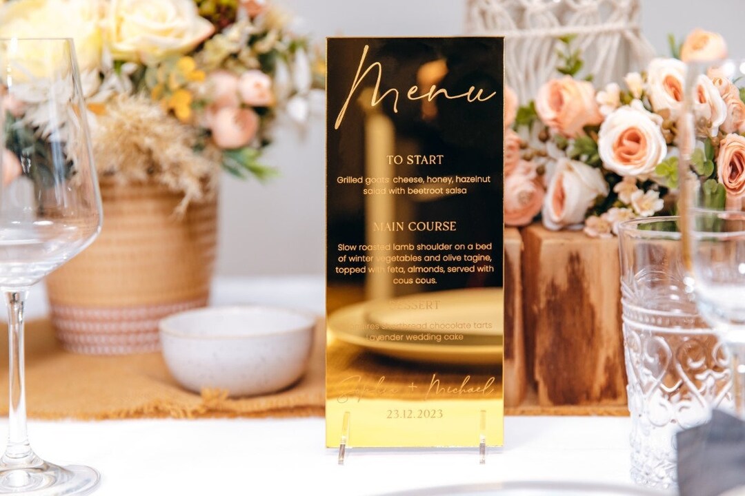 Gold Mirror Wedding Menu, Personalised Wedding Breakfast Menu, Luxury Event Menus, Elegant Table
