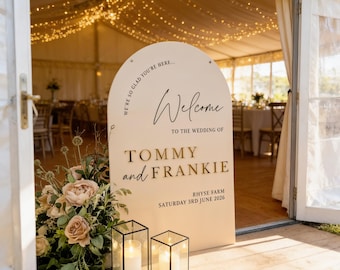 Wedding Welcome Sign: Beige Arch with Gold Mirror Accents - Acrylic